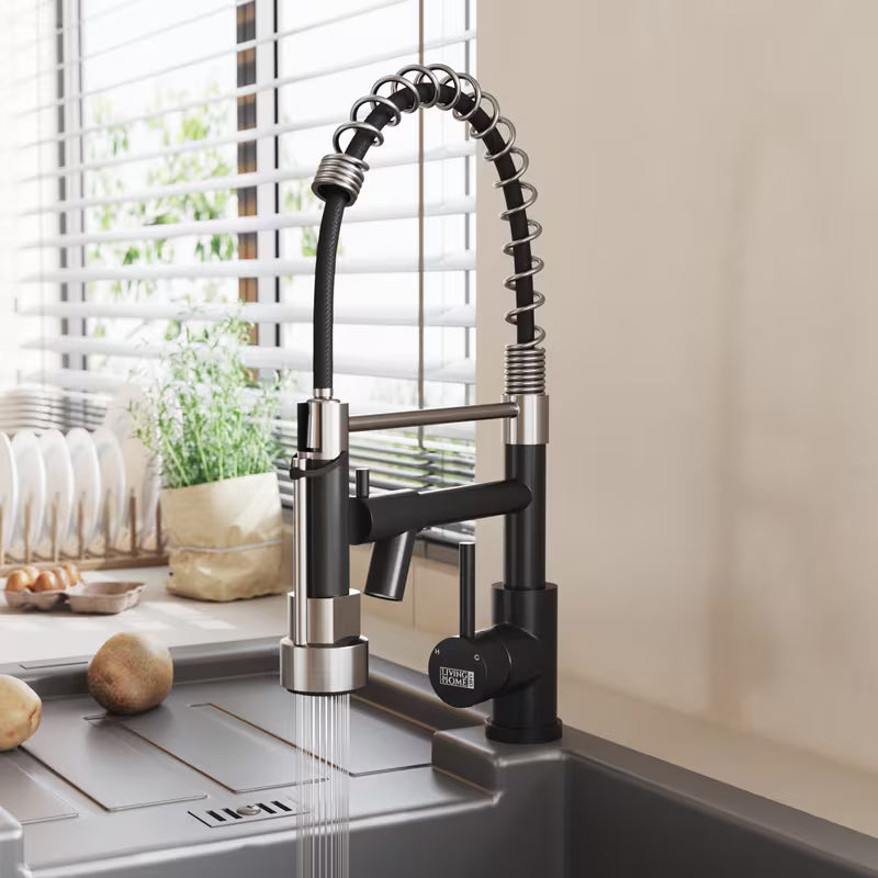 1PC Professional Black Commercial Kitchen Faucet with Pull Down Sprayer - High Arc 360° Swivel Stainless Steel Dual Spout