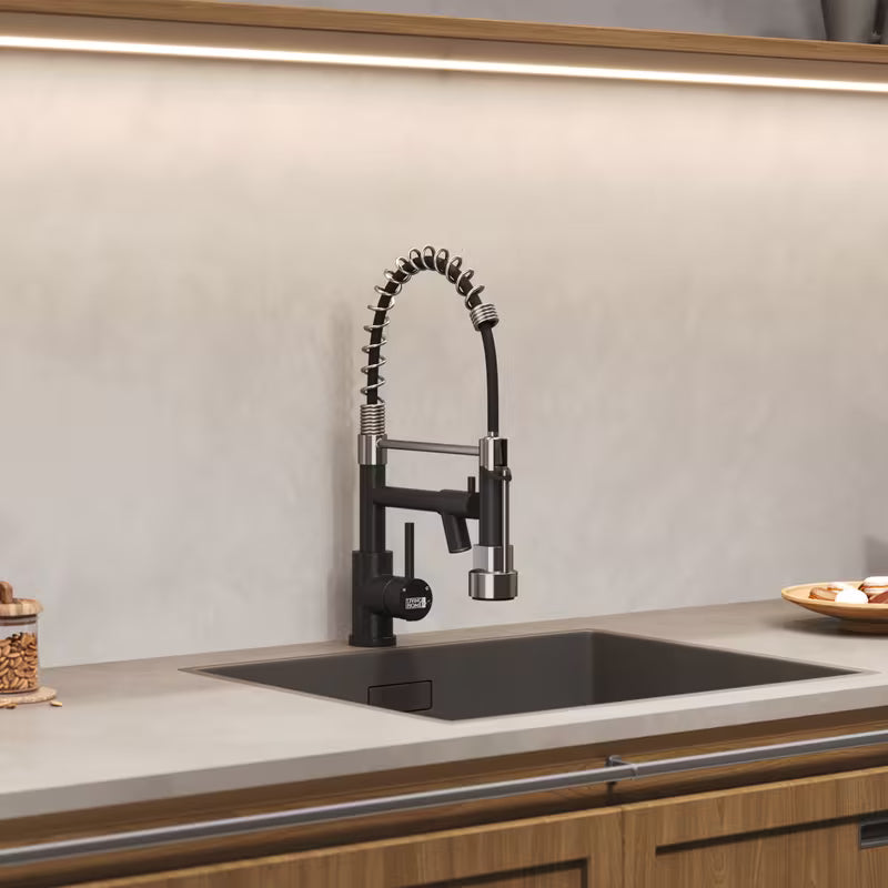1PC Professional Black Commercial Kitchen Faucet with Pull Down Sprayer - High Arc 360° Swivel Stainless Steel Dual Spout
